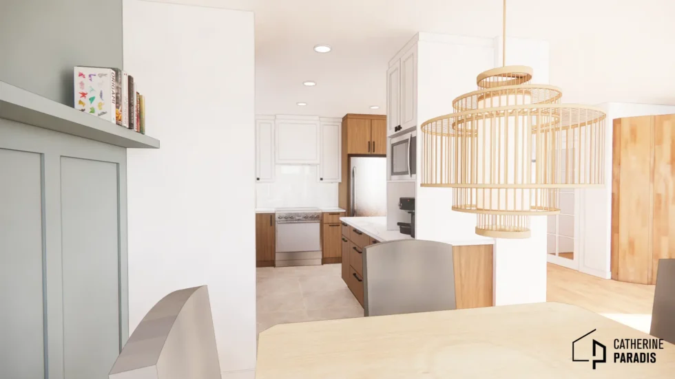 Coin repas intégré à une cuisine contemporaine avec banquette, table sur mesure et suspensions décoratives – projet signé Catherine Paradis.