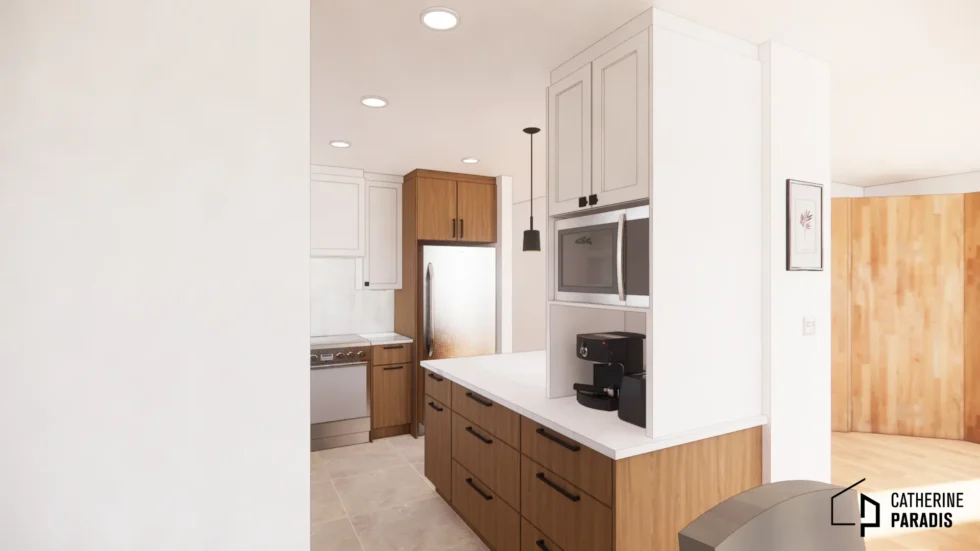 Cuisine fonctionnelle avec armoires en bois naturel et mur d’armoires blanches encastrées – design par la technologue en architecture Catherine Paradis.
