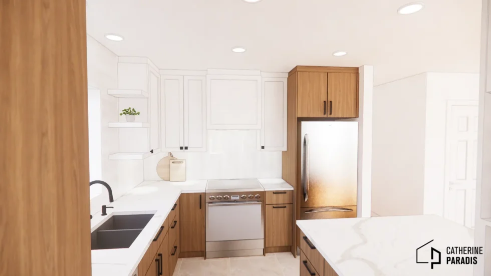 Cuisine lumineuse avec armoires en bois pâle, comptoir blanc et électroménagers en inox – conception Catherine Paradis, T.P.