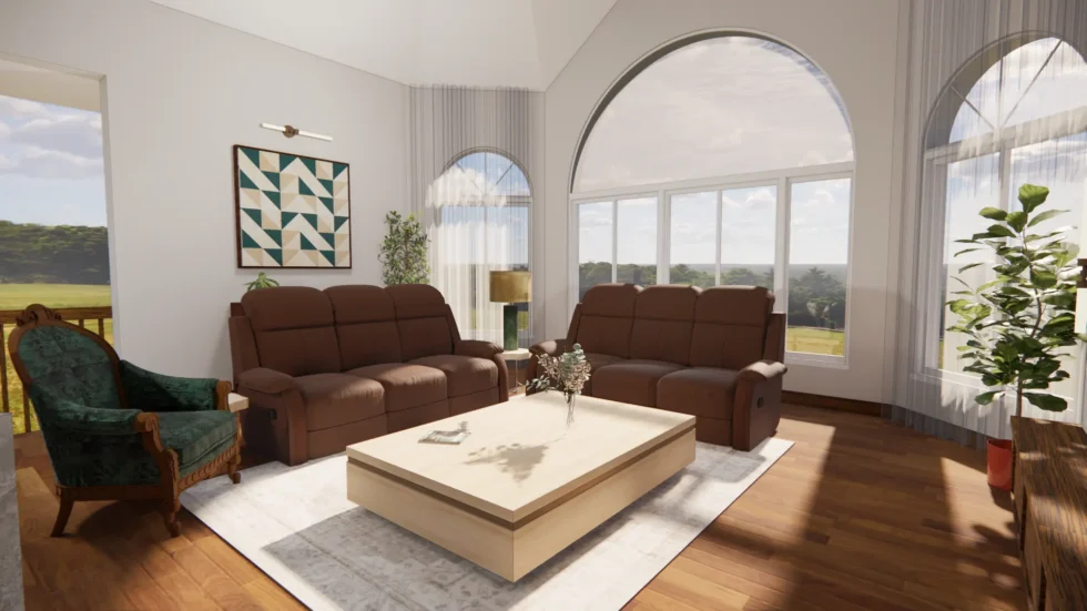 Salon spacieux avec grandes arches, plafonds hauts et mobilier contemporain – ambiance lumineuse conçue par Catherine Paradis.