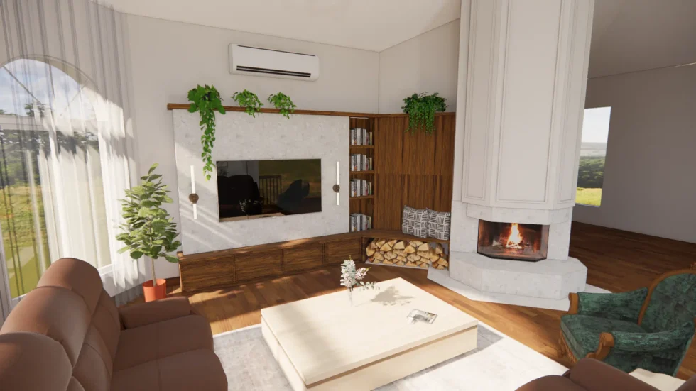 Salon chaleureux avec coin télé, foyer encastré et armoires en bois sur mesure – design intérieur par Catherine Paradis.